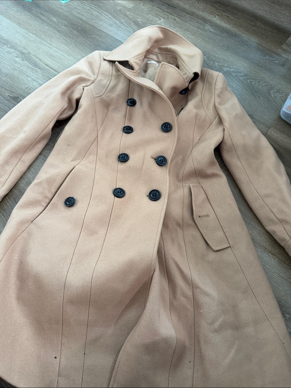 Womens Double-Breasted Tan Wool Coat